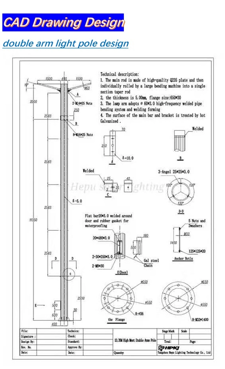 Hepu Solar/LED/ High/Mast Street Light/Lighting/Lamp Round/Conical Polygonal Octagon Q235/345 Hot/DIP/Galvanized Steel Pole